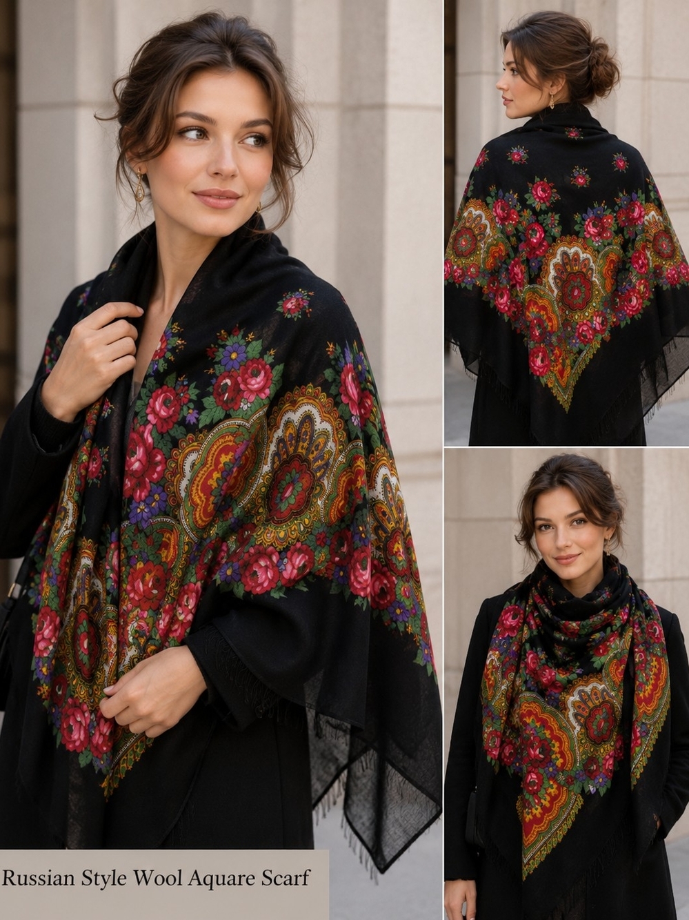 Black Floral Russian-Style Wool Square Scarf Shawl 47x51" Roses &Ornate Paisley